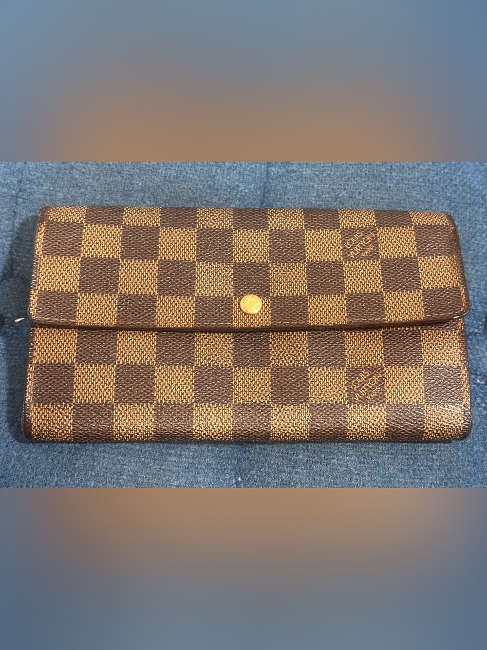 Louis Vuitton Brown Leather Damier Ebene Wallet with Gold Snap
